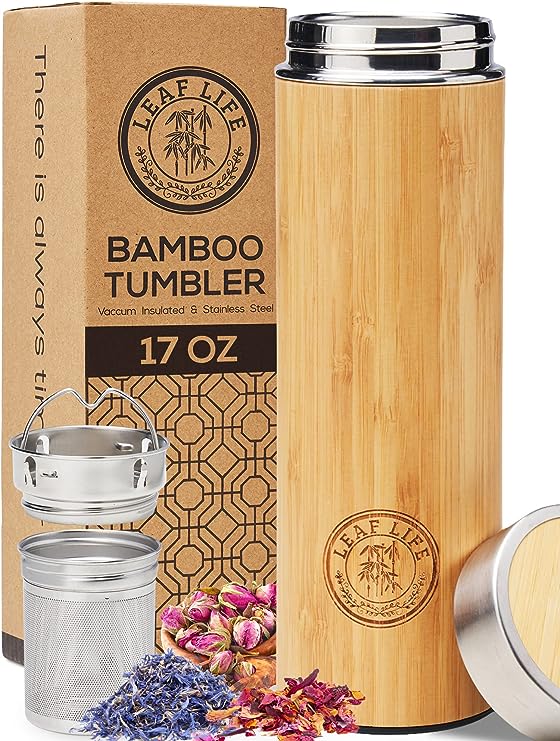 Thoughtful Thank You Gift Bamboo Thermos with Tea Infuser & Strainer